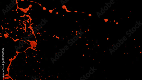 Red liquid splashes, swirl and waves with scatter drops. Royalty high-quality free stock of paint, oil or ink splashing dynamic motion, design elements for advertising isolated on black background