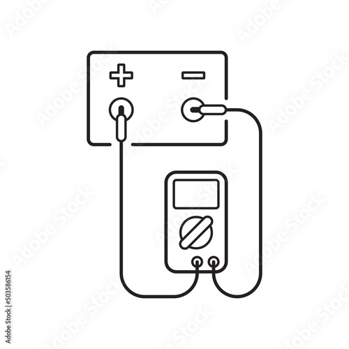 Car battery testing with multimeter, accumulator and voltmeter icon, black line isolated on white background, vector illustration.