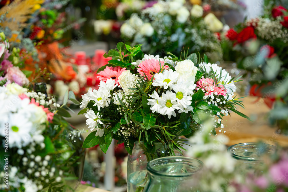 Assortment of bouquets of flowers for sale in the store