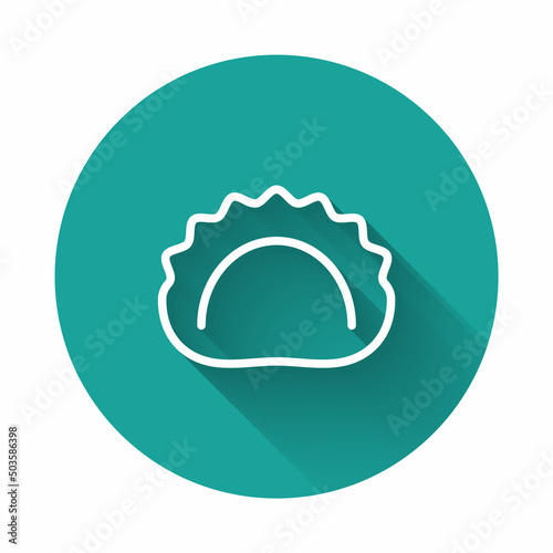 White line Dumplings icon isolated with long shadow. Pierogi, varenyky, pelmeni, ravioli. Traditional Ukrainian food. Green circle button. Vector