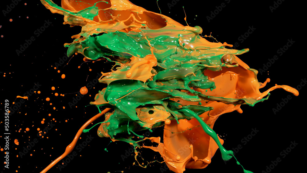 Mix green orange liquid splashes, swirl and waves with scatter drops. Royalty free stock of paint, oil or ink splashing dynamic motion, design elements for advertising isolated on black background