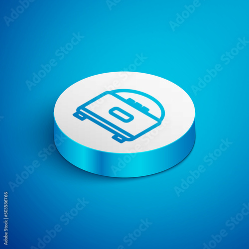 Isometric line Stereo speaker icon isolated on blue background. Sound system speakers. Music icon. Musical column speaker bass equipment. White circle button. Vector