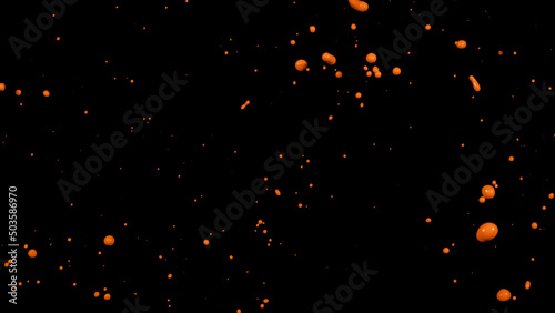 Orange liquid splashes, swirl and waves with scatter drops. Royalty high-quality free stock of paint, oil or ink splashing dynamic motion, design elements for advertising isolated on black background