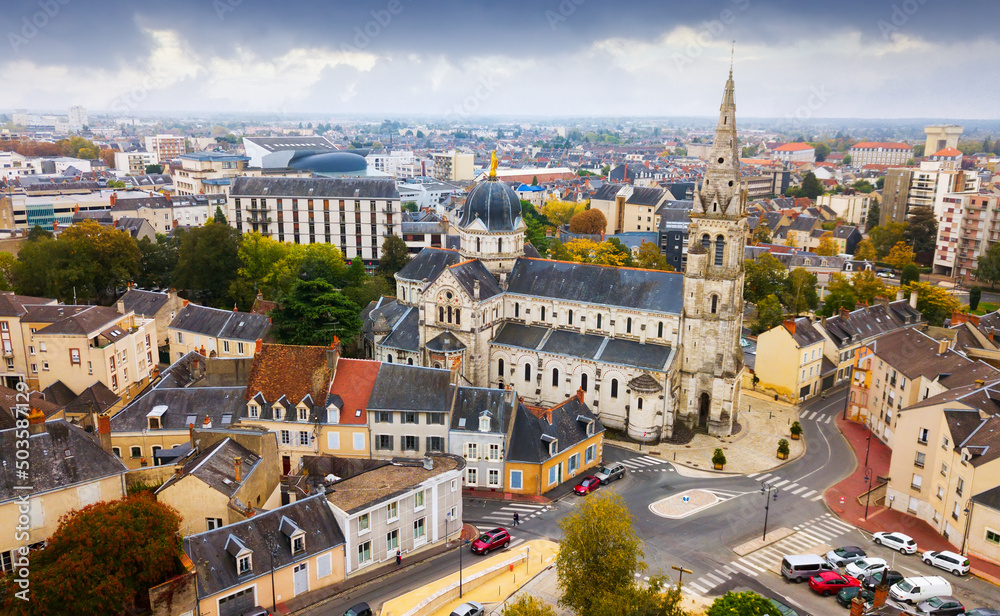 Aerial view of picturesque Chateauroux cityscape with Catholic Church of Our Lady, central France - obrazy, fototapety, plakaty 