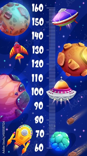 Kids height ruler ufo, spacecraft and starship in galaxy space. Cartoon vector growth measure meter with planets, shuttles and alien saucers in cosmic fantasy world. Wall sticker with cosmos and scale