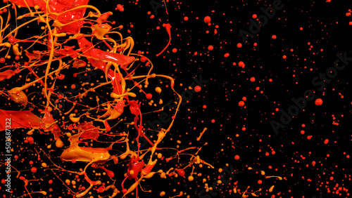 Mix red orange liquid splashes, swirl and waves with scatter drops. Royalty free stock of paint, oil or ink splashing dynamic motion, design elements for advertising isolated on black background