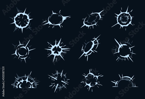 Cartoon explosion, spark and burst effect of vector comic boom and bang. Bomb blasts with smoke, dust clouds and explosive power energy flash on black, war game attacks animation