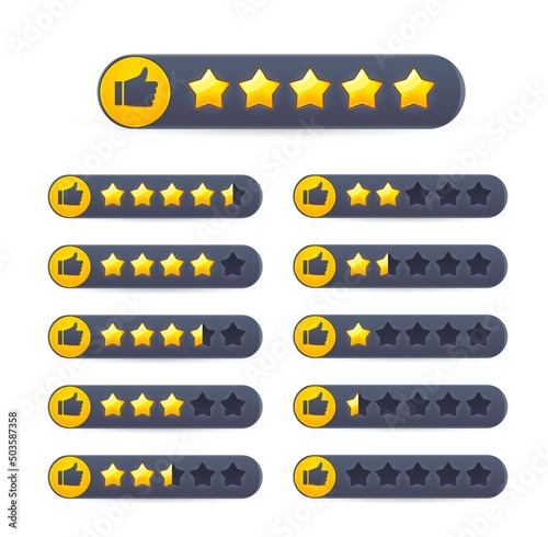 Five golden star review rate of customer feedback. Vector 5 gold stars and thumb up icons. Service quality and product evaluation rating classification isolated bars with customer vote ranking