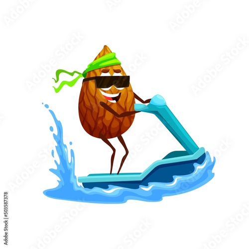 Cartoon almond nut character on jet ski, funny vector sportsman kernel wear sunglasses and bandana riding water bike. Watersport recreation, summer holidays activity, personage on vacation recreation