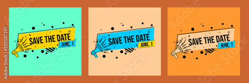 flat design banner with save the date text in memphis style. used for promotional badges