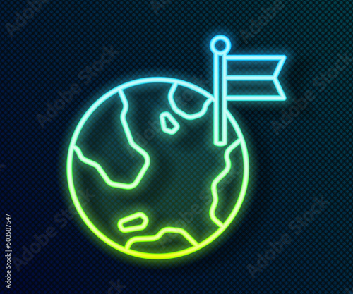 Glowing neon line Planet with flag icon isolated on black background. Victory, winning and conquer adversity concept. Vector