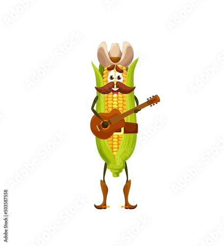 Cartoon corn cob cowboy character with guitar, vector American Western or Wild West musician. Funny maize vegetable food personage with mustache, cowboy hat and shoes with spurs playing guitar