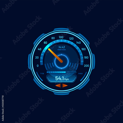 Speedometer, futuristic car speed meter or gauge dial, vector, neon LED digital dashboard interface. Car races speedometer or tachometer display with indicators of mph speed, engine oil LED counters