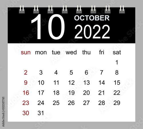October 2022. Vector monthly calendar template 2022 year in simple style for template design. Week starts from Sunday.