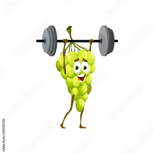 Cartoon grape personage with barbell. Vector funny isolated fruit sportsman exercising with weight. Garden plant character sport workout. Active lifestyle, gym training, organic nutrition