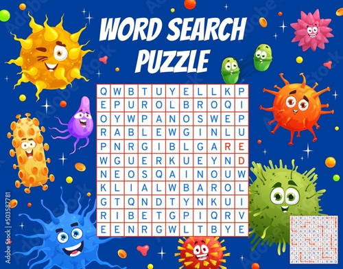Cartoon viruses and germs, word search puzzle game worksheet, kids quiz Vector brainteaser crossword grid for children, find english words task with latin letters at square field and naughty bacilli