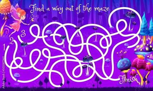 Labyrinth maze game with magic mushrooms forest. Find a way for fairy kids game vector worksheet, educational puzzle or children riddle with finding path activity with fairytale fungi and pixie