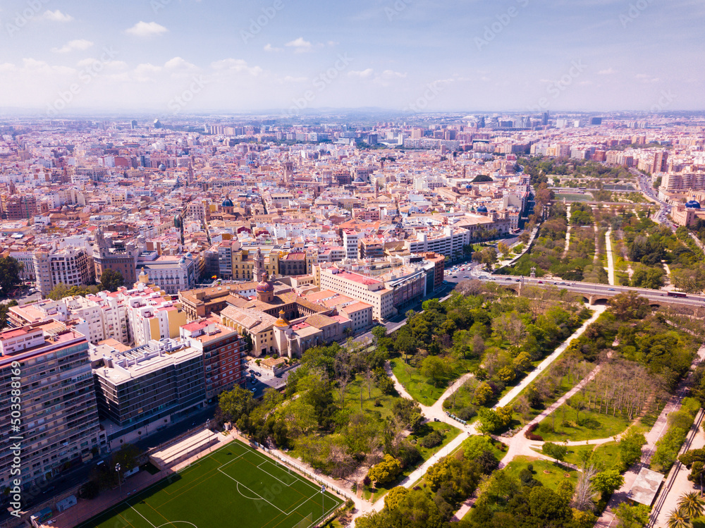 Aerial view of Valencia cityscape in sunny spring day, Spain..
