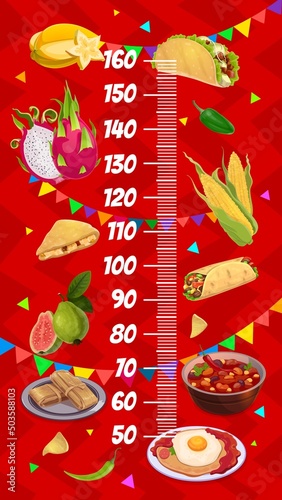 Kids height chart mexican food and fruits vector growth ruler. Wall sticker with Mexican cuisine meals bean soup, fried egg, fruit tamale, enchilada, tacos, burrito, corn, guava, star or dragon fruit