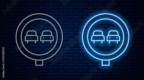 Glowing neon line No overtaking road traffic icon isolated on brick wall background. Traffic rules and safe driving. Vector
