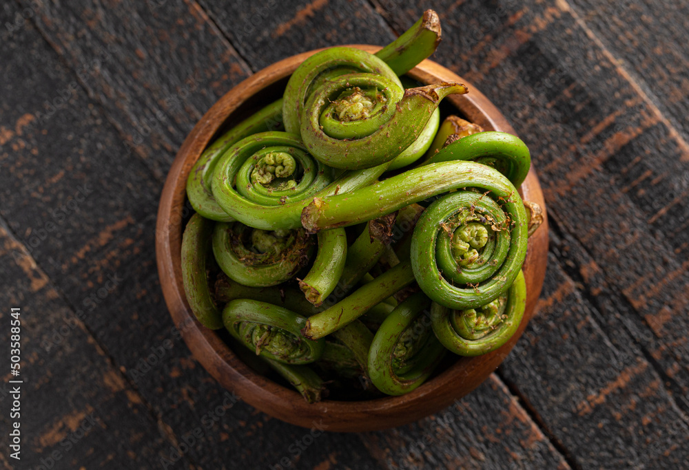 Fresh Fiddlehead or Ostrich Fern .on a Old Wooden Table