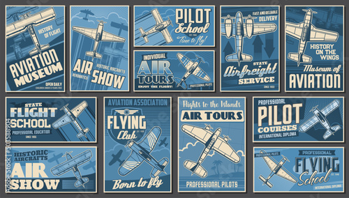 Aviation museum, flying school and air tours vintage banners. Retro aircraft show, airline delivery service, pilots club and courses posters. Propeller monoplane, biplane airplanes vector banners