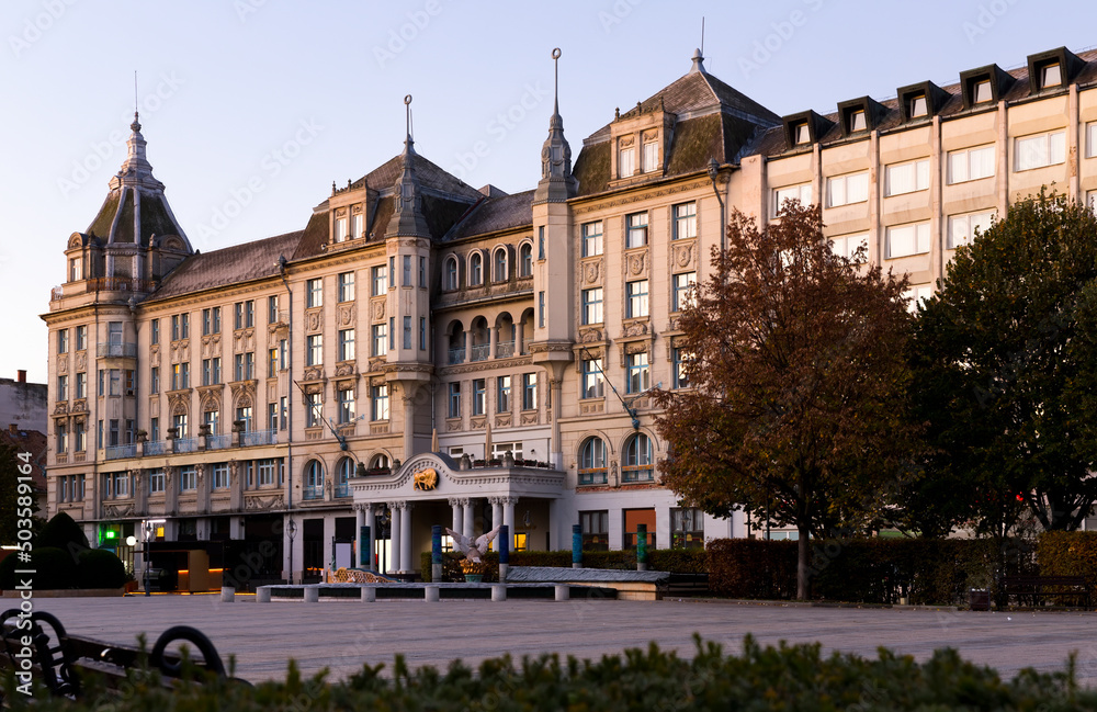 View of magnifical building of hotel in center of hungarian town Debrecen