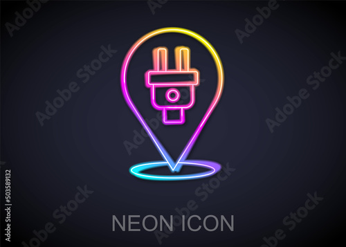 Glowing neon line Electric plug icon isolated on black background. Concept of connection and disconnection of the electricity. Vector