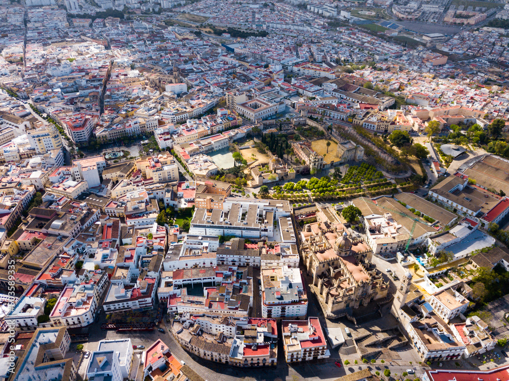 Aerial panoramic view of Jerez de la Frontera cityscape with Cathedral of Holy Saviour and Moorish alcazar, Spain