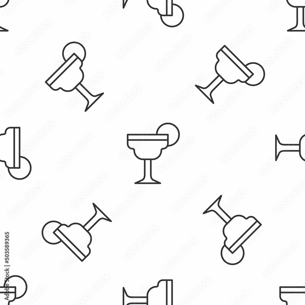 Obraz premium Grey line Margarita cocktail glass with lime icon isolated seamless pattern on white background. Vector