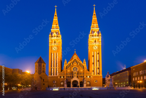 Illustration of view on Cathedral in night light of Szeged in Hungary.