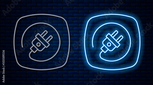 Glowing neon line Electric plug icon isolated on brick wall background. Concept of connection and disconnection of the electricity. Vector