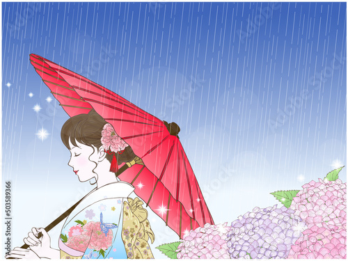 あじさいと和傘と晴れ着の女性_横向き_閉眼_雨