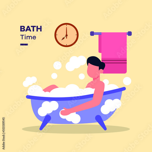 Before activity, Young man taking a bath at 8 am. Activity time  vector illustration.