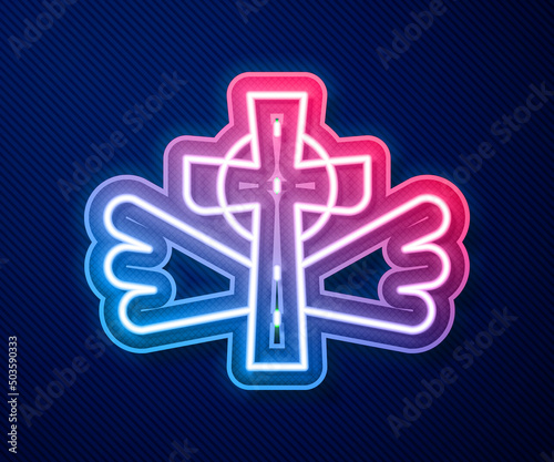 Glowing neon line Christian cross icon isolated on blue background. Church cross. Vector