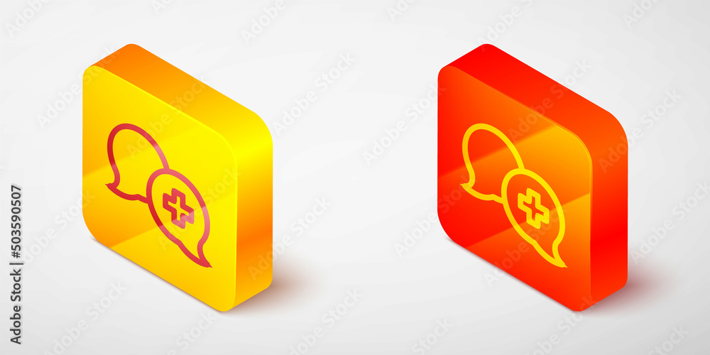 Isometric line Dialogue with the doctor icon isolated on grey background. Doctor and patient dialog. Consulting about medical health services. Yellow and orange square button. Vector
