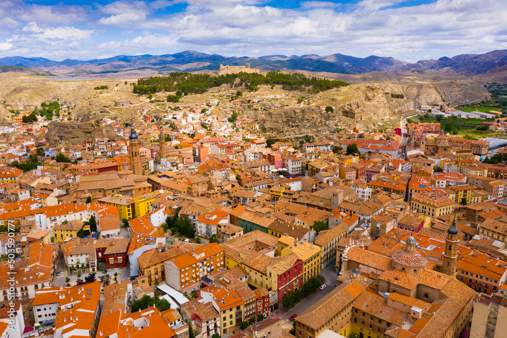 View from drone of Calatayud cityscape with ancient Mudejar-style tower, Aragon, Spain