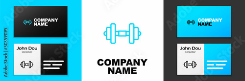 Blue line Dumbbell icon isolated on white background. Muscle lifting, fitness barbell, sports equipment. Logo design template element. Vector