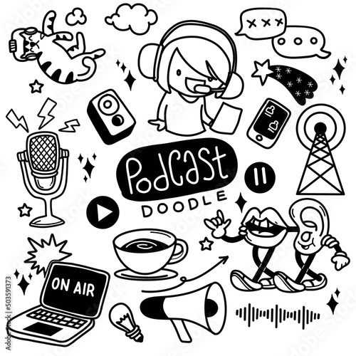 Podcast isolated hand drawn doodles with lettering and doodle outline Vector set.