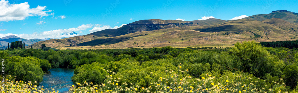 Fototapeta premium Panoramic view of a beautiful afternoon in a valley with a river and the Lanin volcano in the background in spring. Neuquen, Argentina