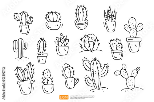 Cactus in the pot doodle icon illustration set. Cute hand drawn vector