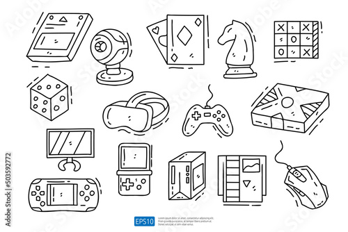 Game doodle icon illustration set. Hand drawing of Game Console Gadget