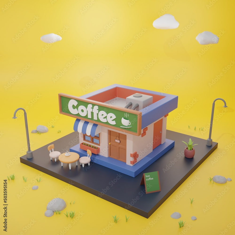 Coffee shop building stylized illustration. 3D render building