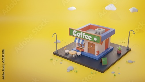 Coffee shop building stylized illustration. 3D render building