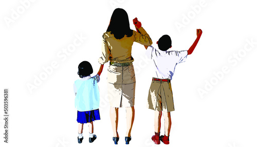 Teacher hand in hand male student, female student,Thailand, Back  to school,open semester to school,illustration.design idea and concept think creativity.