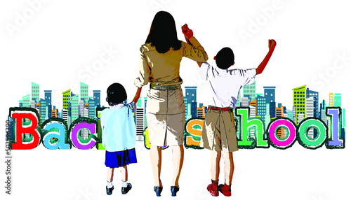 Teacher hand in hand male student, female student,Thailand, Back  to school,open semester to school,illustration.design idea and concept think creativity.