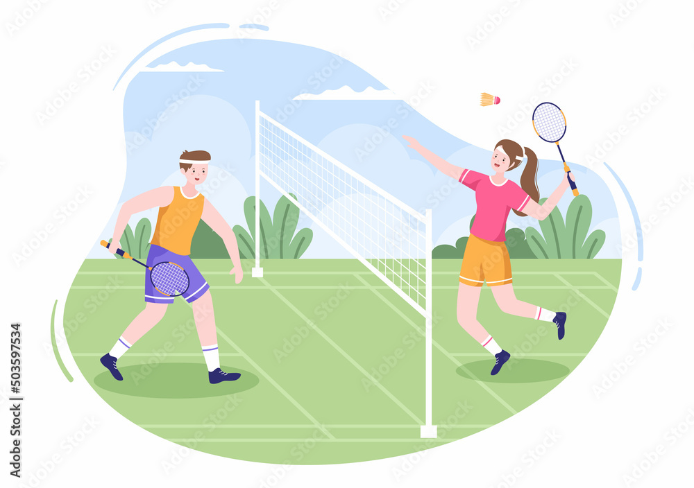 Fototapeta premium Badminton Player with Shuttle on Court in Flat Style Cartoon Illustration. Happy Playing Sport Game and Leisure Design