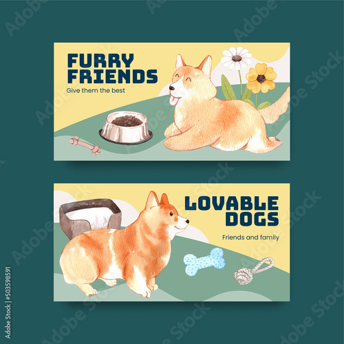 Twitter template with corgi dog concept,watercolor style