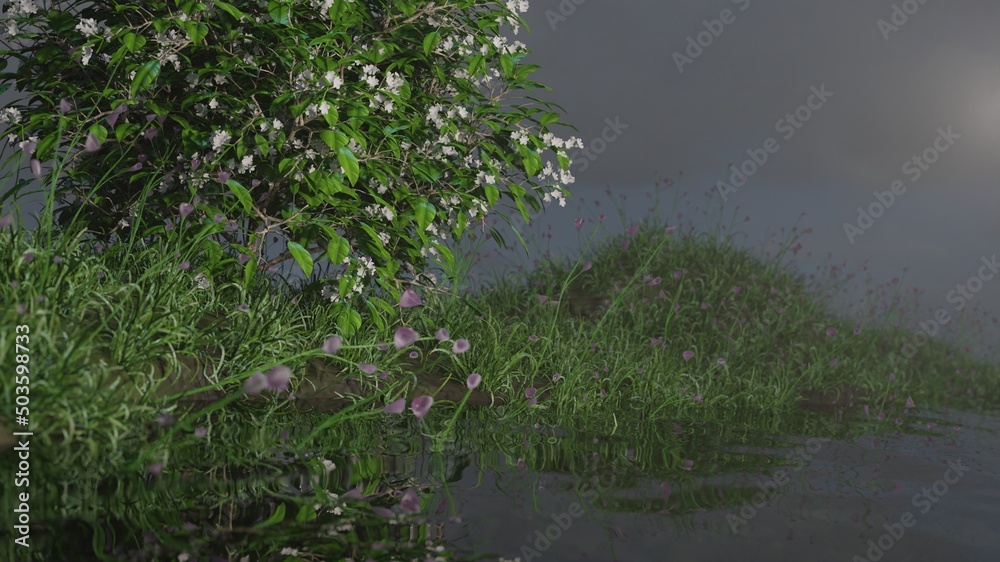 Shot flowers in bloom and river nature landscape scene 3D rendering wallpaper backgrounds Shot flowers in bloom and river nature landscape scene 3D rendering wallpaper backgrounds