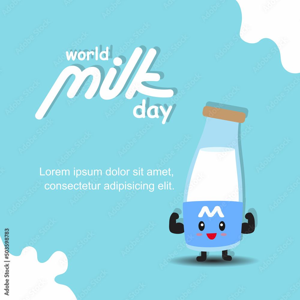 simple world milk day logo on blue background and milk bottle character simple world milk day logo on blue background and milk bottle character